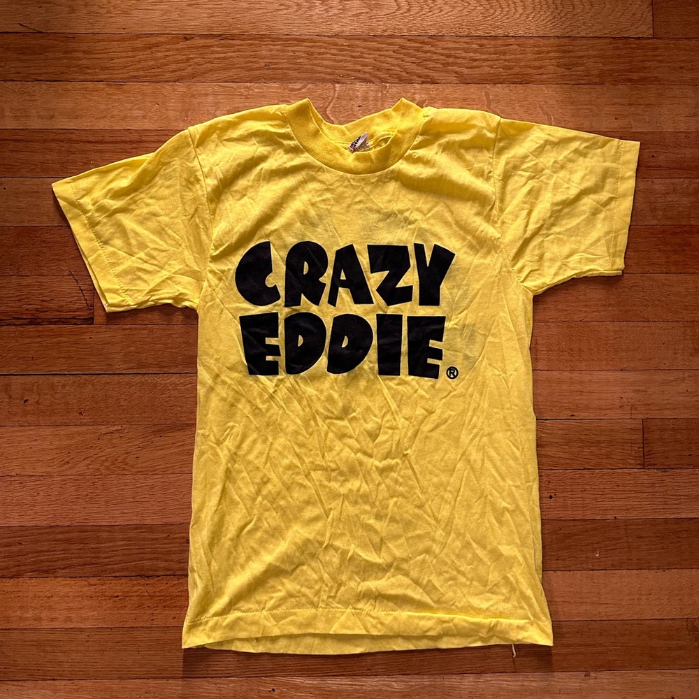 Vintage Crazy Eddie T Shirt Mens Size Small Yellow 80s NYC Prices Are Insane USA